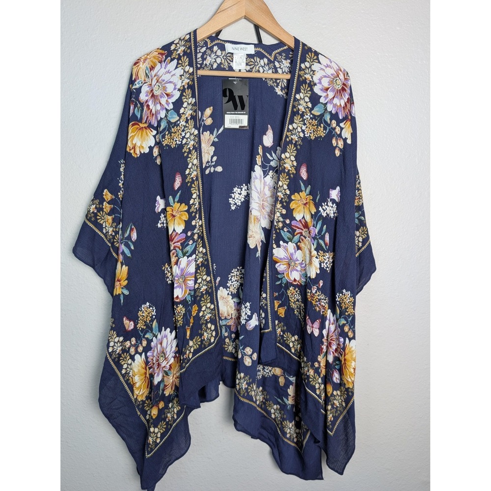 Nine West Kimono Blouse Womens One Size Navy Multi‎ Floral Open Front Rayon Boho